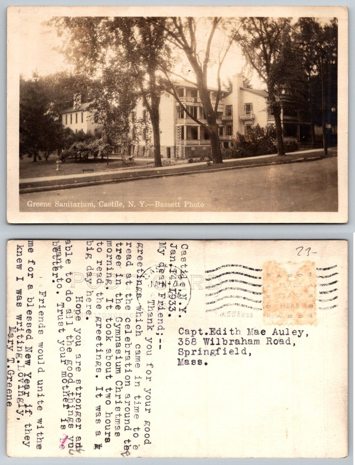 Greene Sanitarium Castile NY 1933 Bassett Photo Postcard