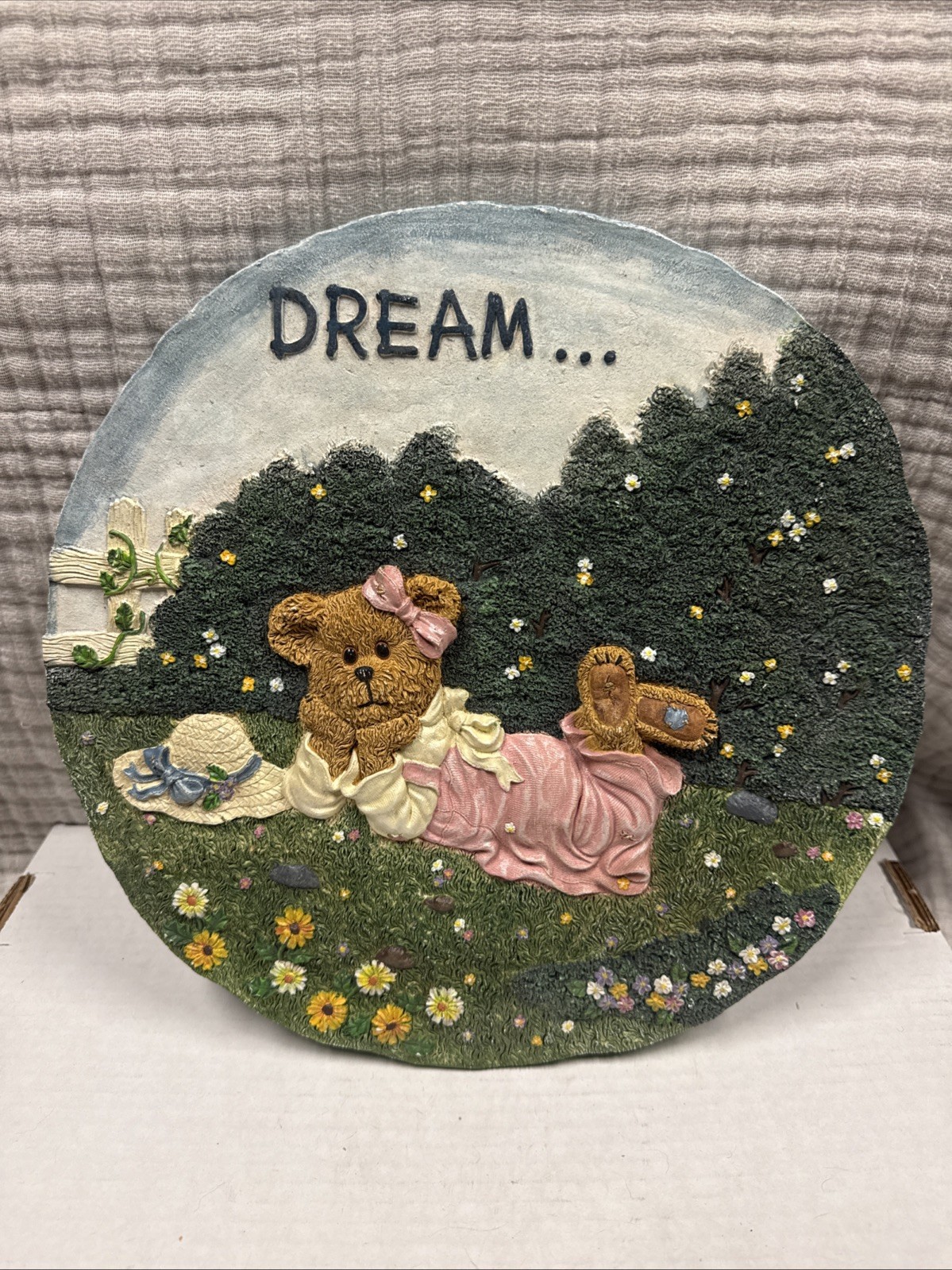 Boyds Bears Dream Teddy Bear Decorative Plate Pink Dress Floral Garden Resin