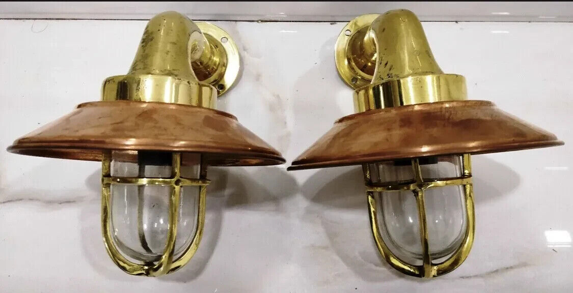 NAUTICAL MARINE BRASS WALL SCONCE OUTDOOR SHIP LIGHT WITH COPPER SHADE SET OF 2