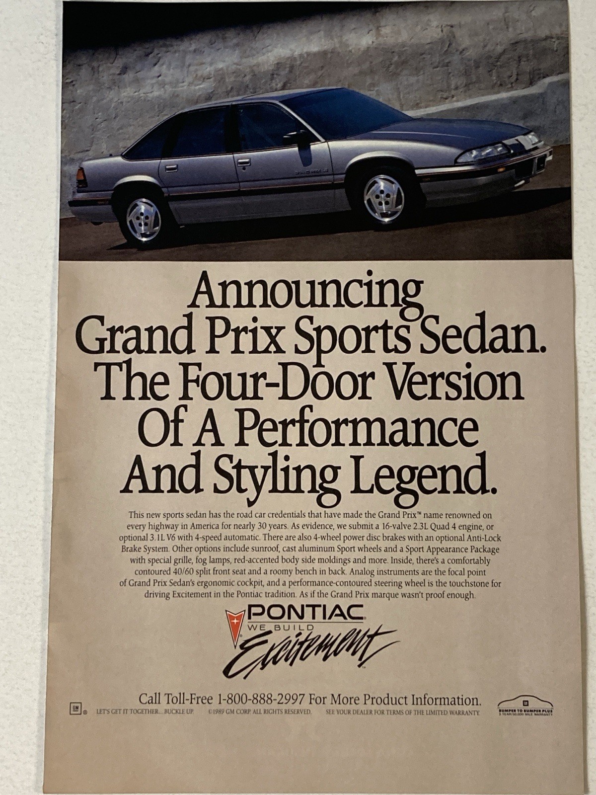 1989 Pontiac Grand Prix Sports Sedan Print Ad Announcing 1989 Pontiac Grand Prix Sports Sedan Print Ad Announcing