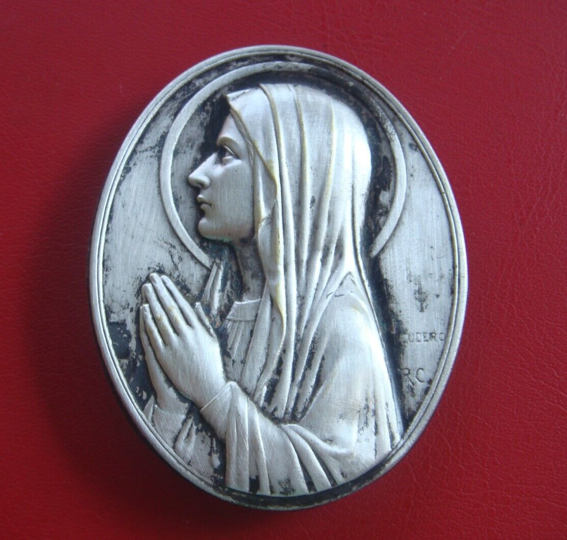 VIRGIN MARY SILVERED BRONZE BEAUTIFULLY DETAILED OLD ICON  PLAQUE BY ESCUDERO RC