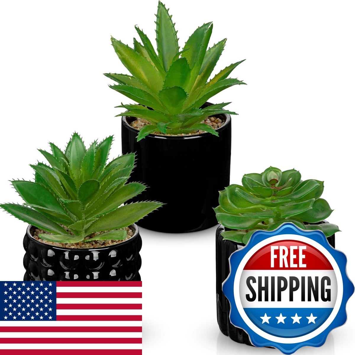 Briful Succulents Plants Artificial In Black Ceramic Pots (set 3), Small Fake Briful Succulents Plants Artificial In Black Ceramic Pots (set 3), Small Fake