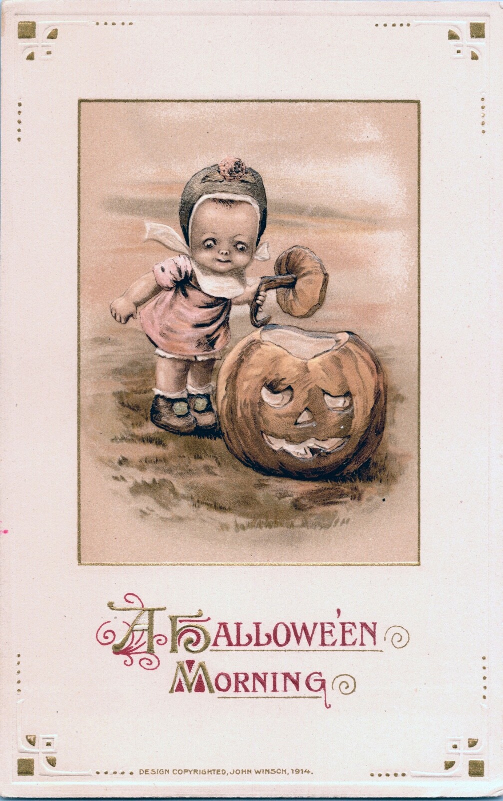 Vintage John Winsch Adorable Little Girl & JOL Pumpkin Halloween Postcard UNPOST