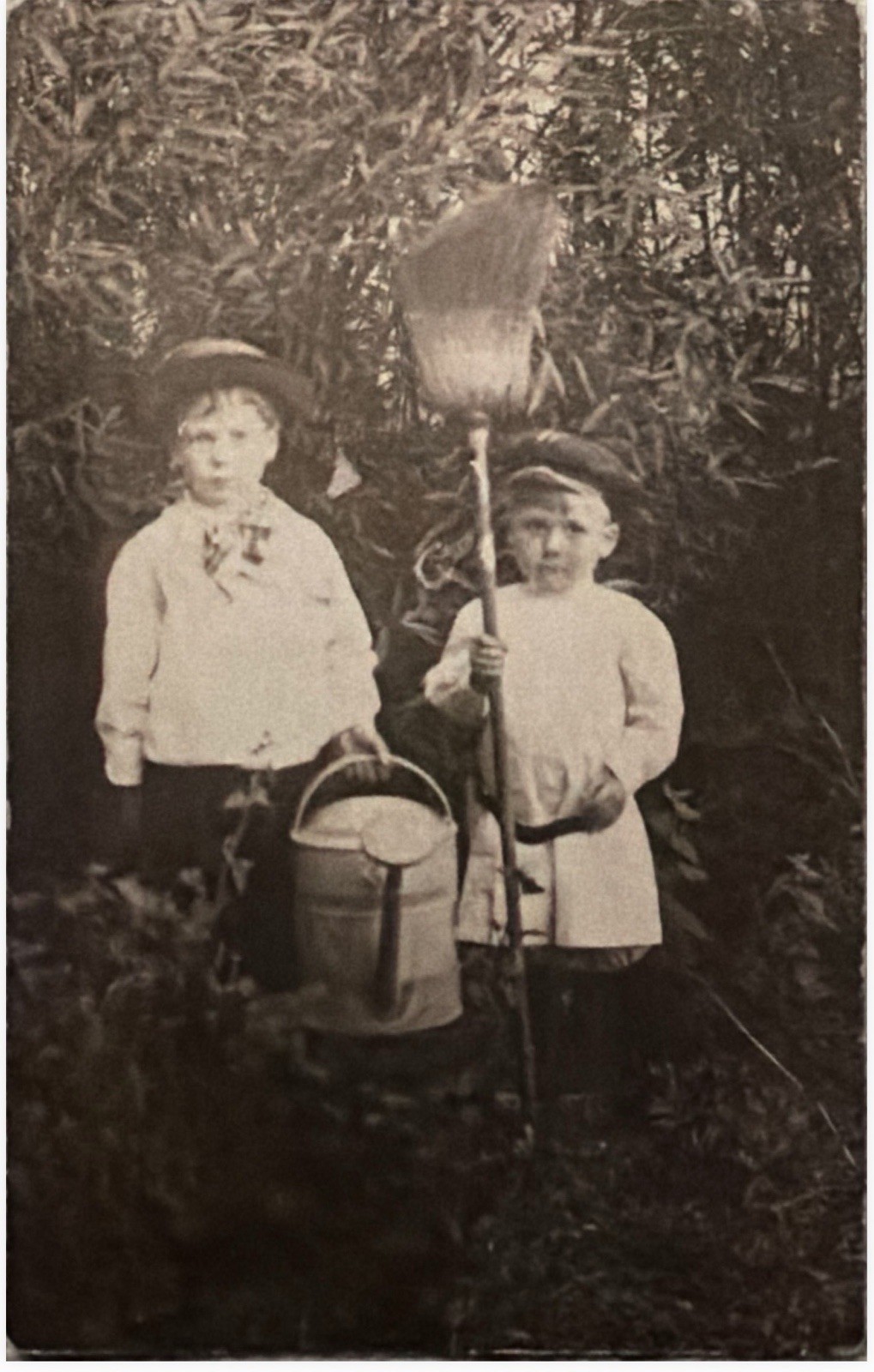 Adorable Sad Looking Boys Watering Pot Broom Postcard RPPC