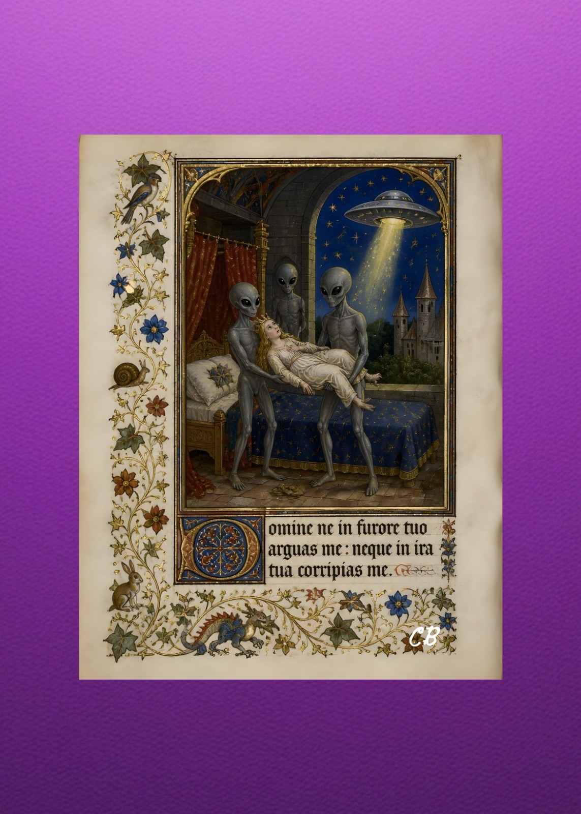 Medieval UFO Abduction | ACEO Art Card | Illuminated Manuscript | UAP Folk Art