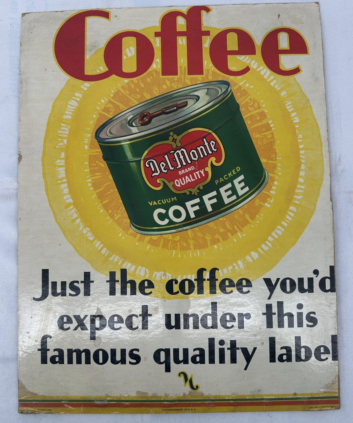 1930s or 1940s Del Monte Coffee Advertising Sign 15 1/2