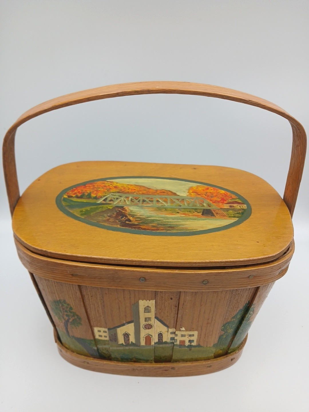 Vtg Basketville 1978 Hand Painted Wood Basket Purse w/Lid Handle Putney Vermont