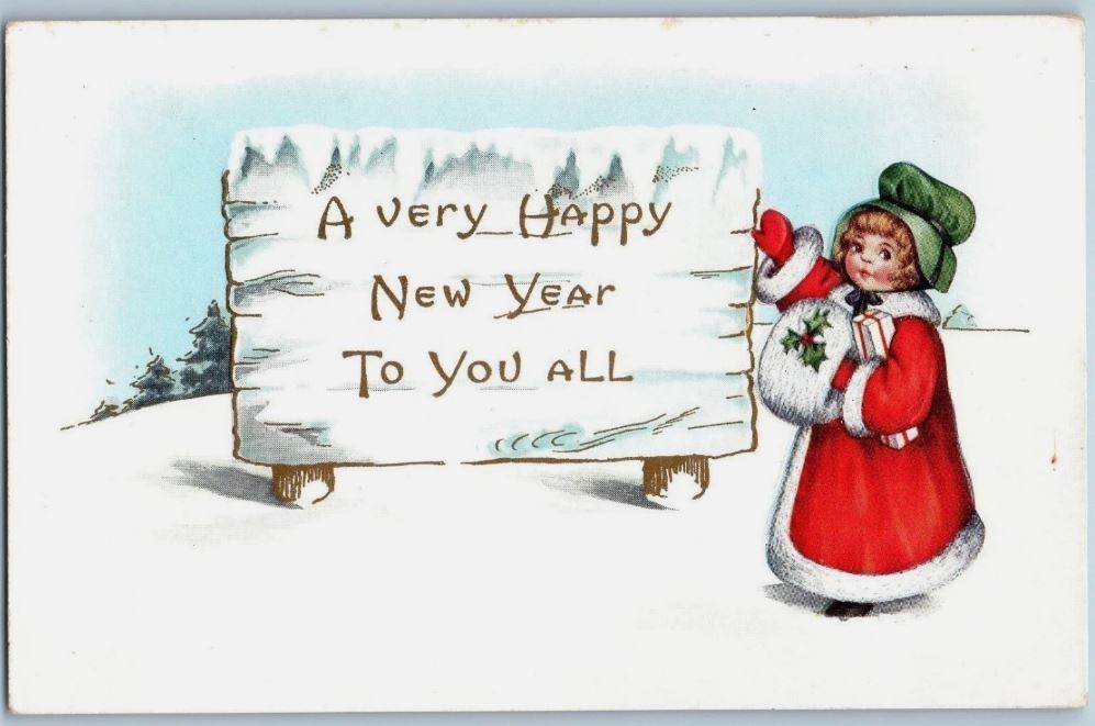 c1910s New Year Postcard Cute Little Girl Handwarmer Gifts Winter Embossed