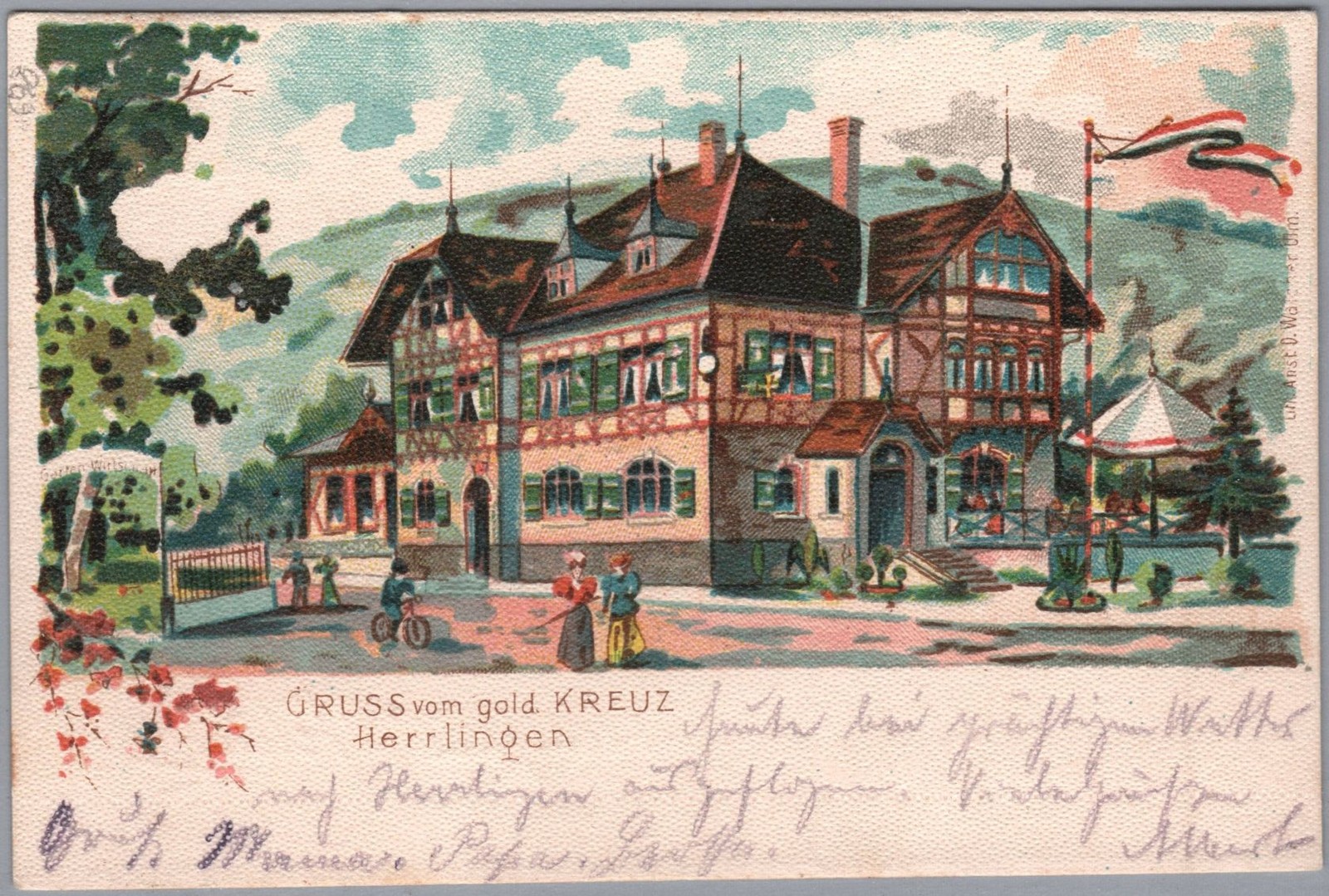 Postcard Greetings from the Golden Cross Herrlingen Inn 1900