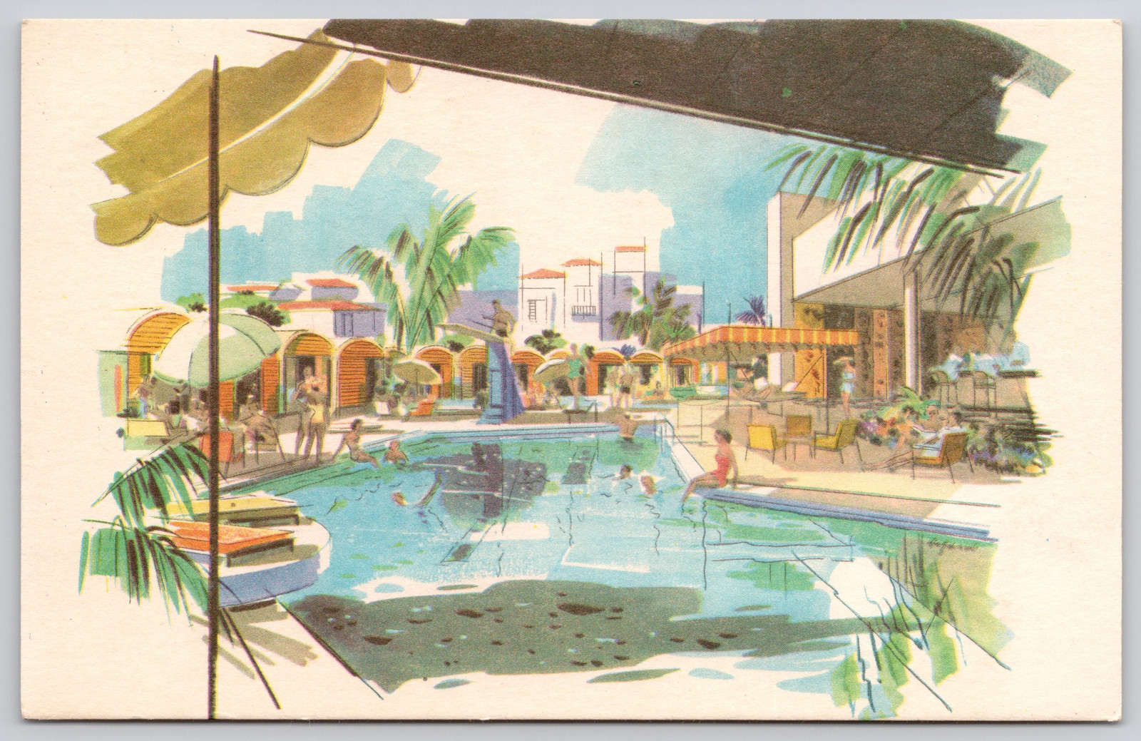Havana Cuba Habana Hilton Pool and Antilles Bar Postcard c1950s
