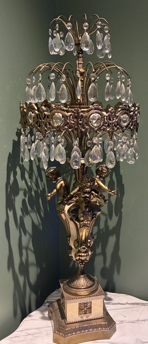 Vintage Hollywood Regency Brass & Crystal Candelabra Table Lamp - 8 Light Cherub
