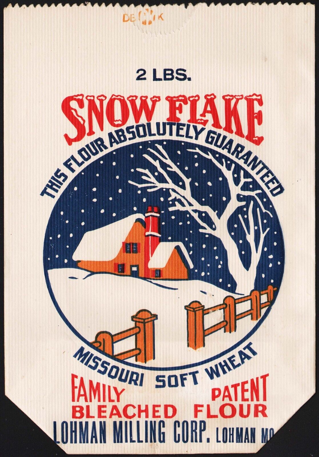 Vintage bag SNOW FLAKE Flour house in snow pic Lohman Milling Missouri n-mint