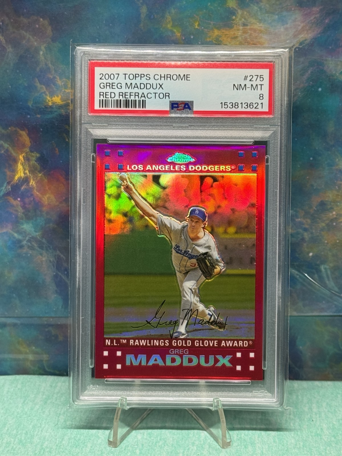 2007 Topps Chrome Greg Maddux Red Refractor 30/99 PSA 8 #275 HOF Dodgers 2007 Topps Chrome Greg Maddux Red Refractor 30/99 PSA 8 #275 HOF Dodgers