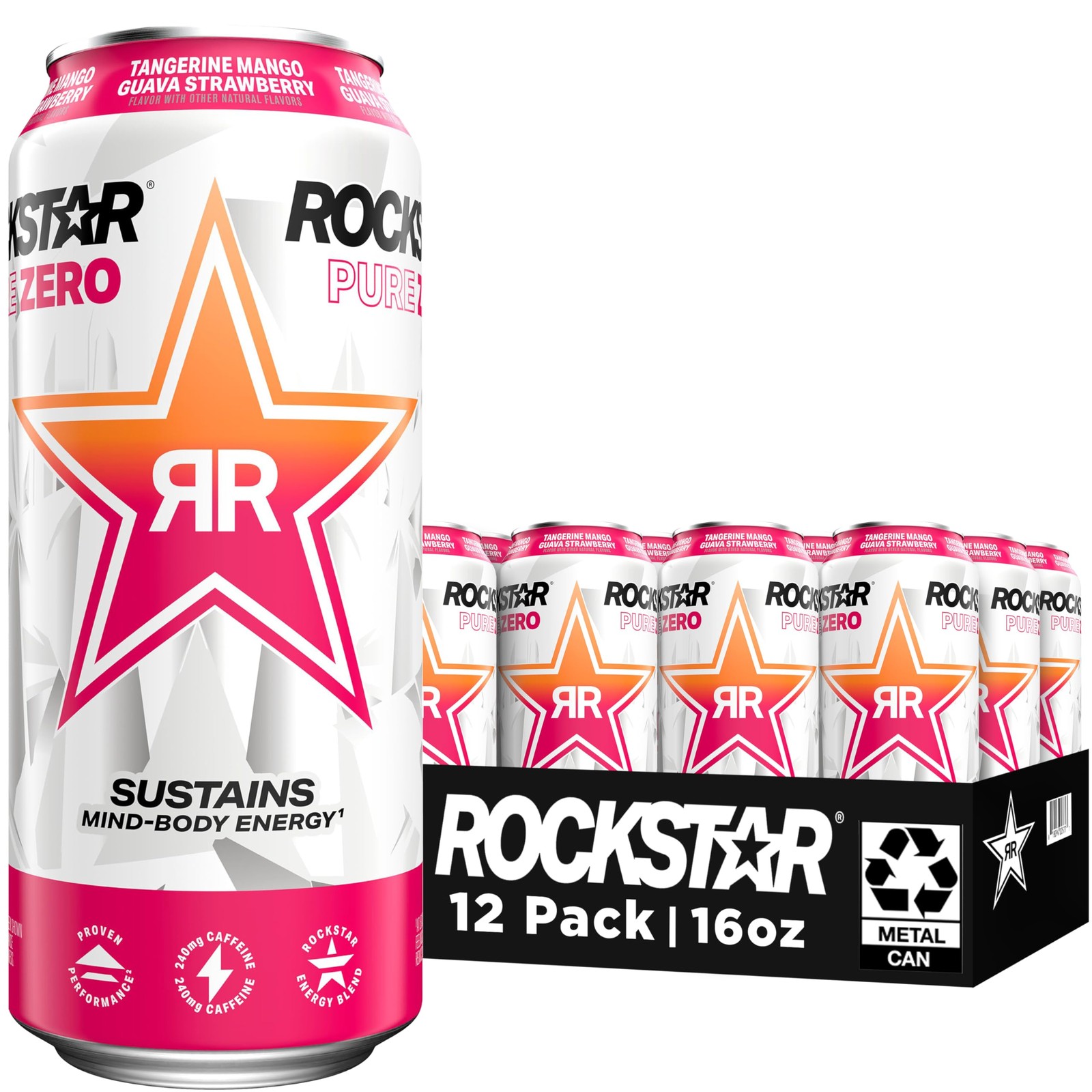 Rockstar Pure Zero Energy Drink, Tangerine Mango Guava 16 Fl Oz (Pack of 12)