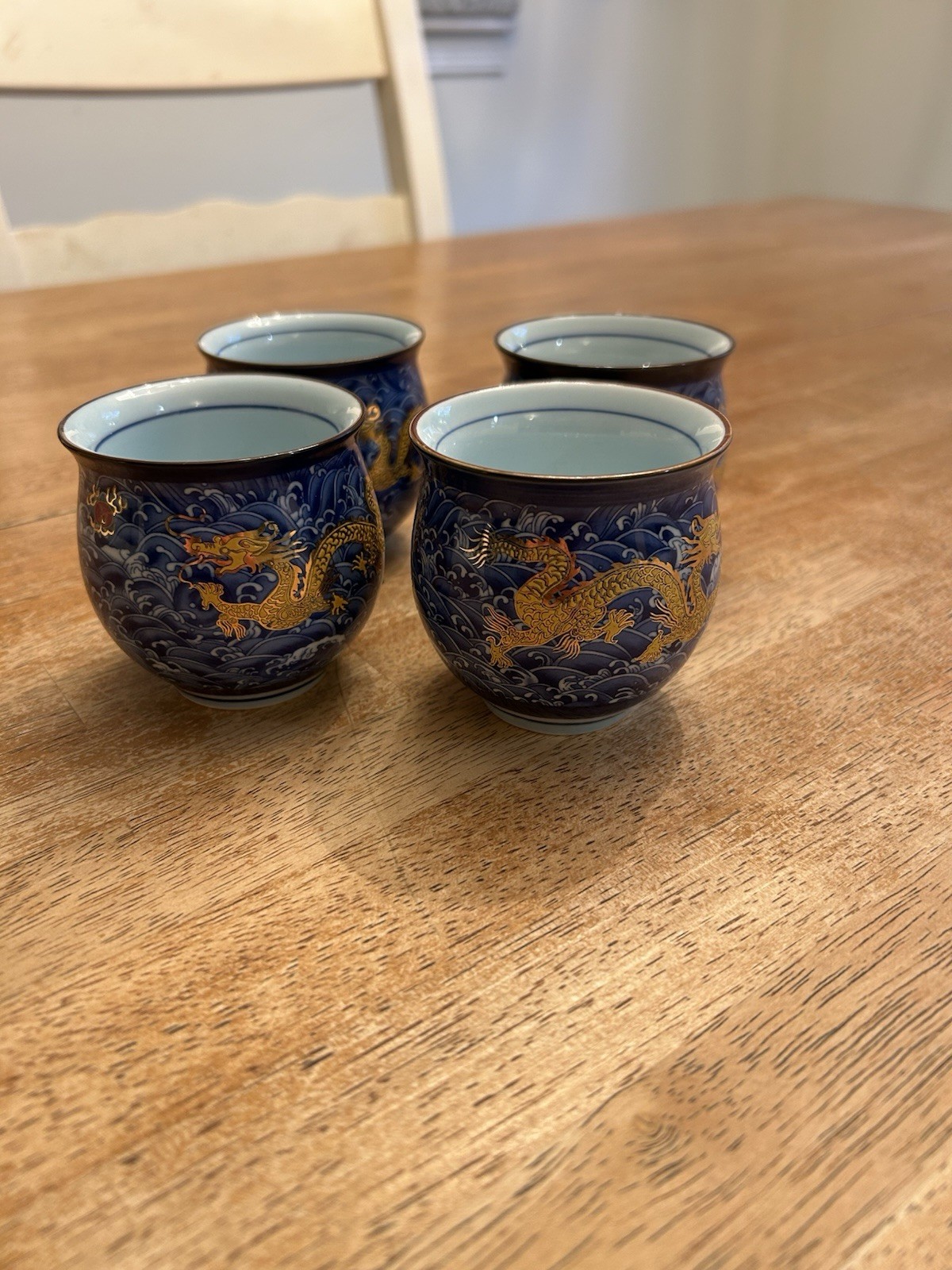 Vintage Arita Ware Tea Cups Set of 4 Blue Gold Dragon Seawave Japanese Yunomi