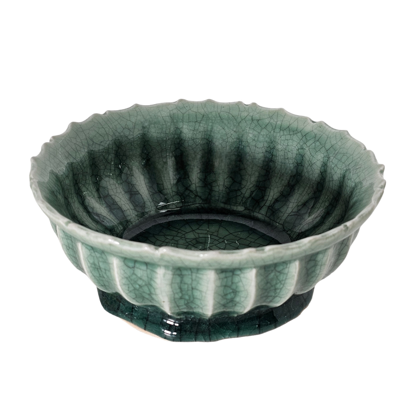 Vintage Chinese Celadon Crackled Scalloped Bowl Green Ceramic China