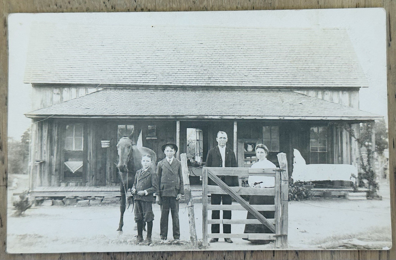 Vintage RPPC Family at Farmhouse Gate with Horse Two Boys AZO Real Photo 1920s