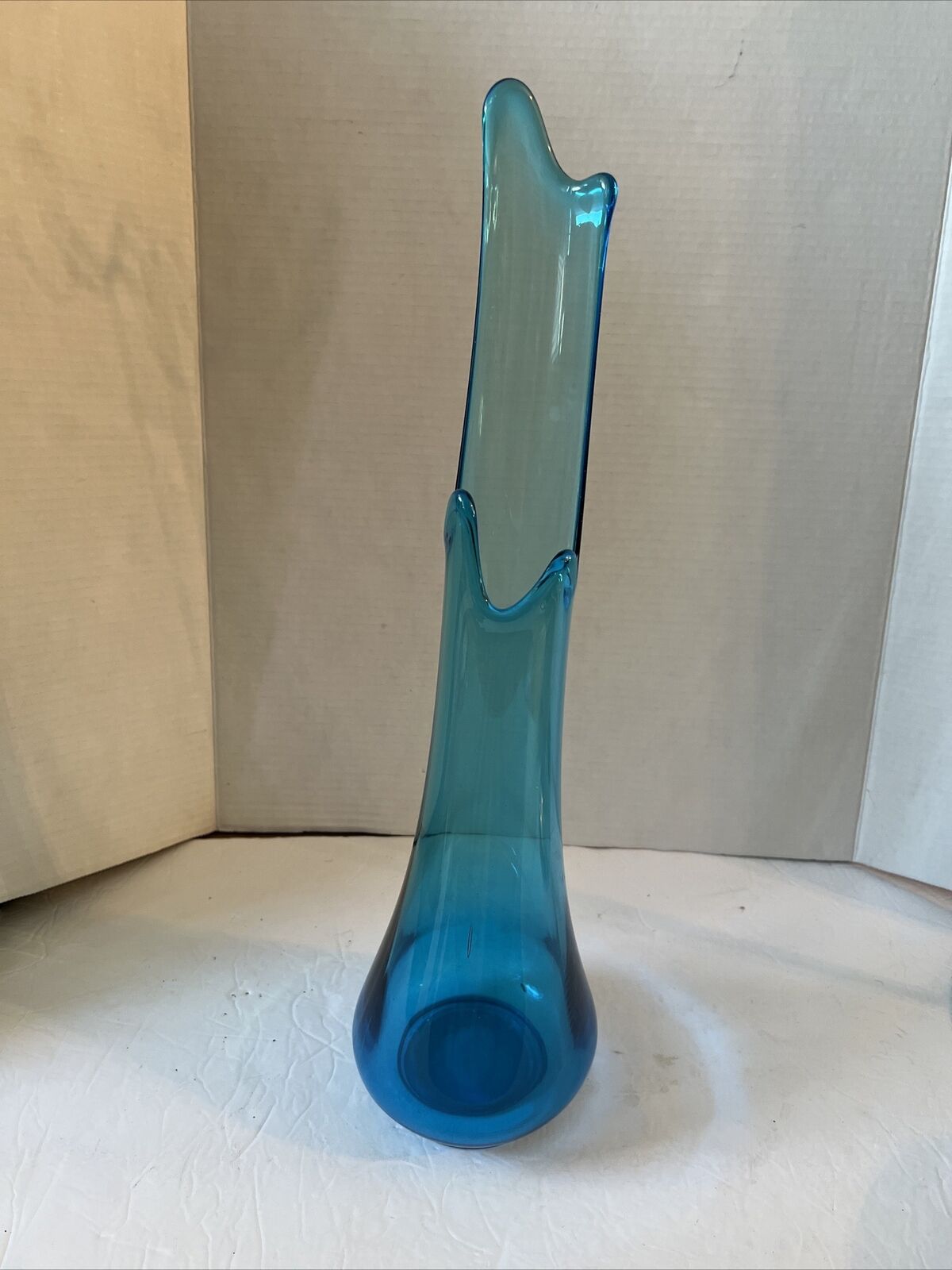 Vtg LE Smith Glass Vase Simplicity Swung Peacock Blue  20” SEE PIX Bubble Line