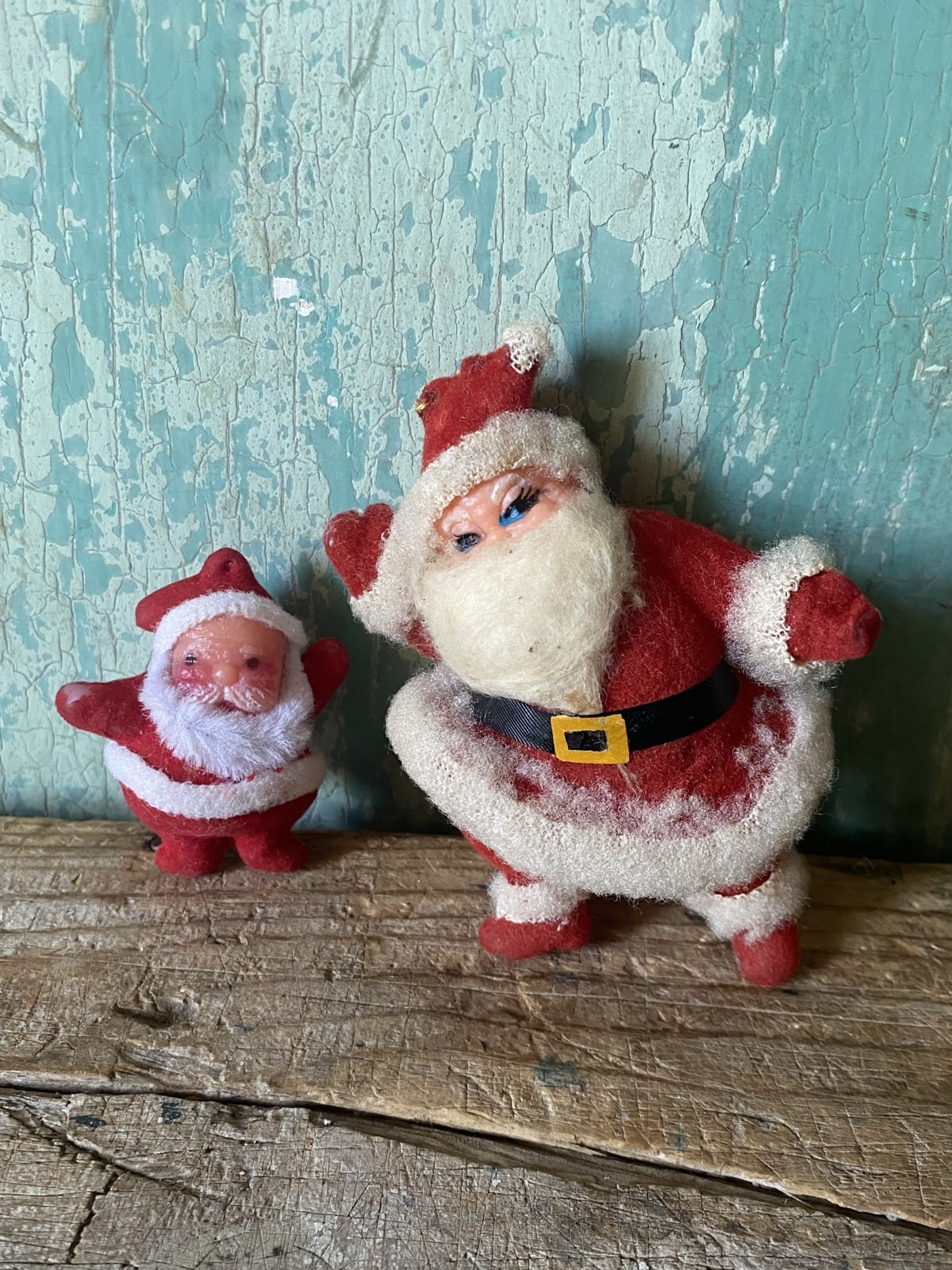 Vintage Flocked Santa Claus Christmas Ornament Hong Kong + Flocked Santa Pin Lot