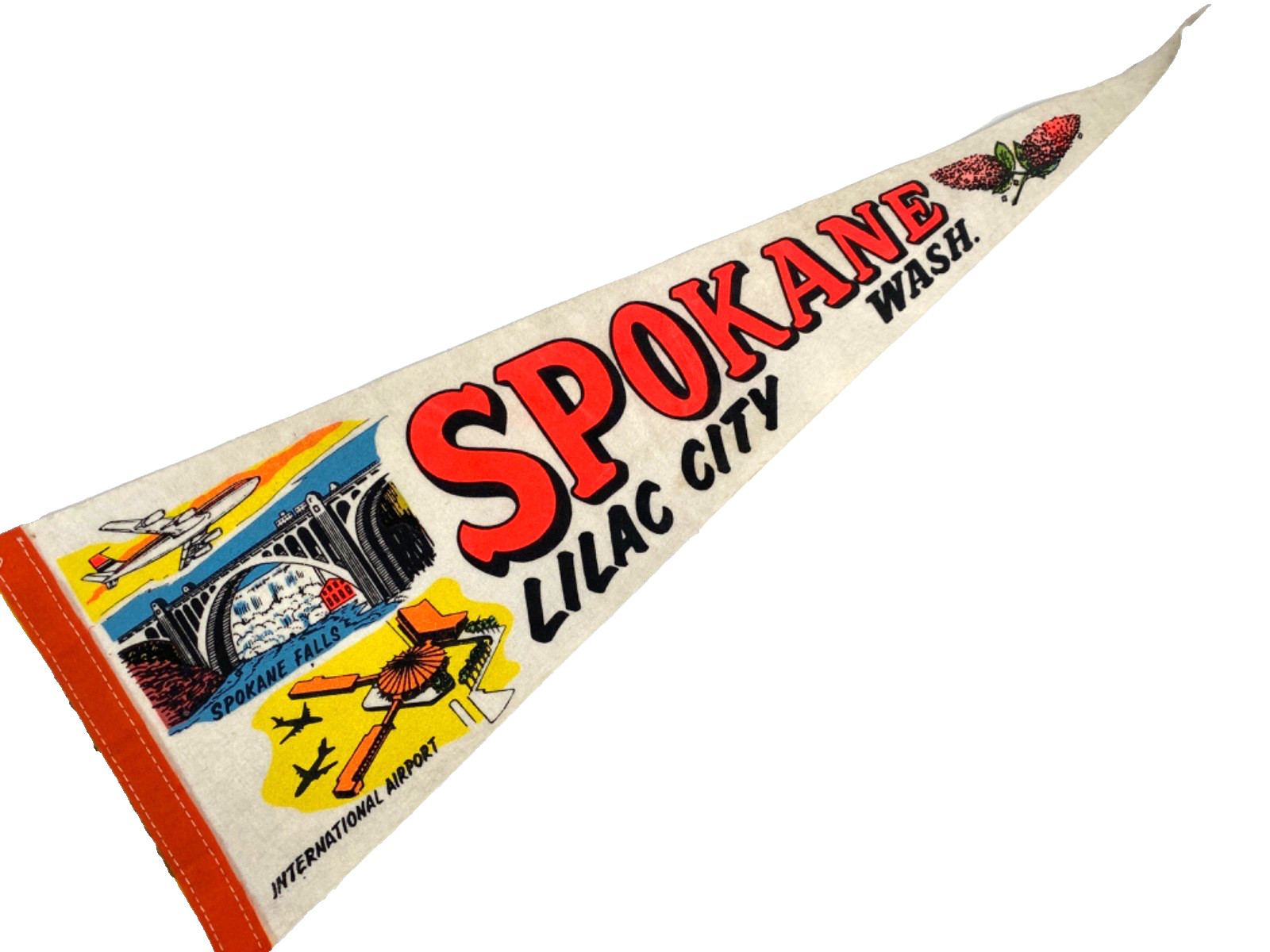1970s SPOKANE, WASHINGTON vintage 8x23.5 felt pennant LILAC CITY, INTL. AIRPORT