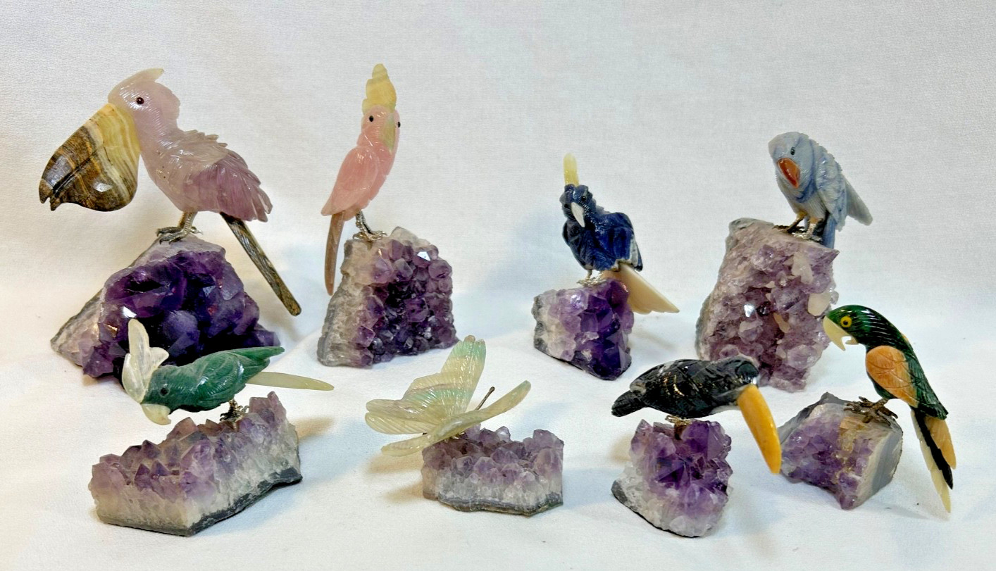 Vtg Hand Carved Gemstone Bird Butterfly On Amethyst Crystal Collection Brazil