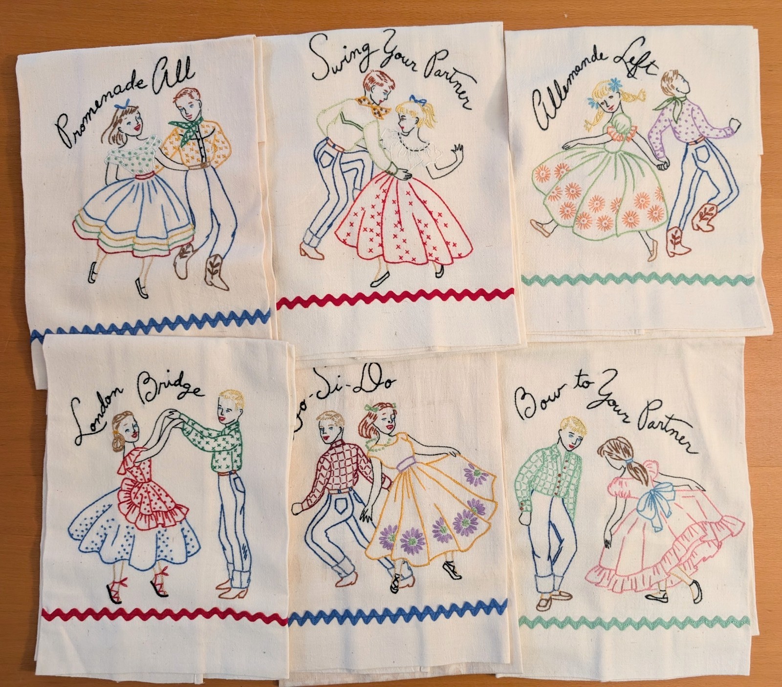 Vintage Hand Embroidered Feed Sack Tea Towels Set of 6 plus matching apron