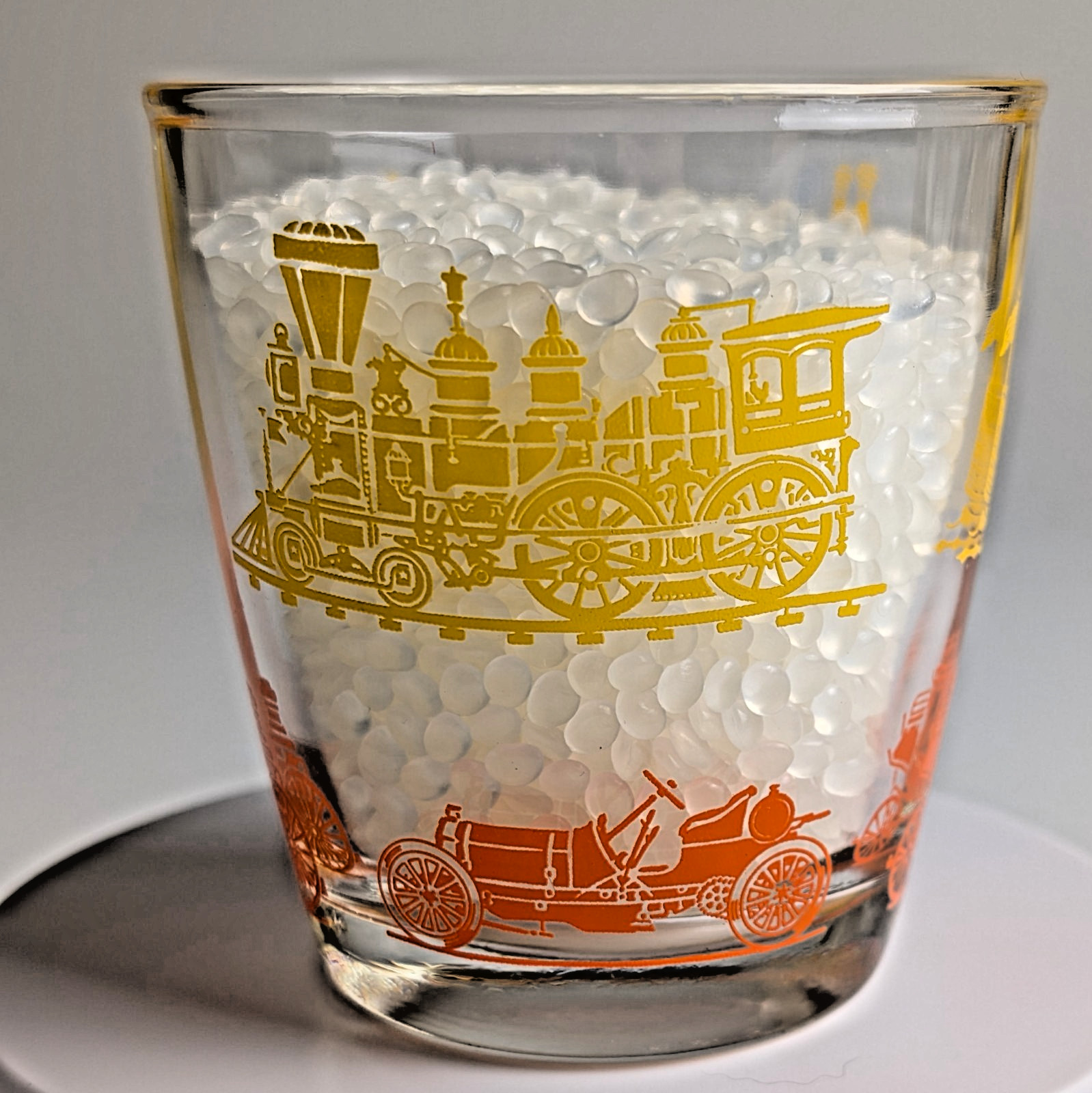 HAZEL ATLAS Sour Cream Glass Steamboat Train Trolley Cars Yellow Orange Vintage HAZEL ATLAS Sour Cream Glass Steamboat Train Trolley Cars Yellow Orange Vintage