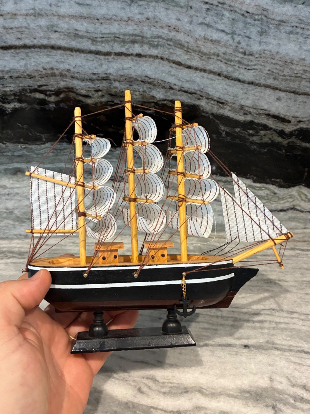 Miniature Wooden Sailboat Model Ship Display with Anchor & Fabric Sails Nautical
