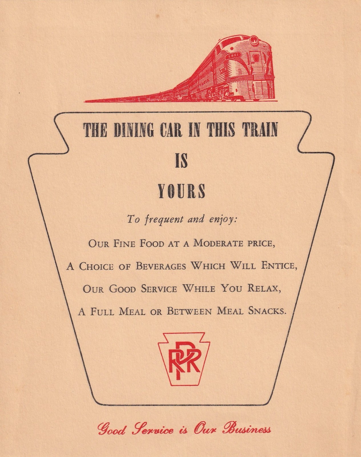 Vintage 1950s Pennsylvania Railroad Dining Car Flyer PRR E7A 5861