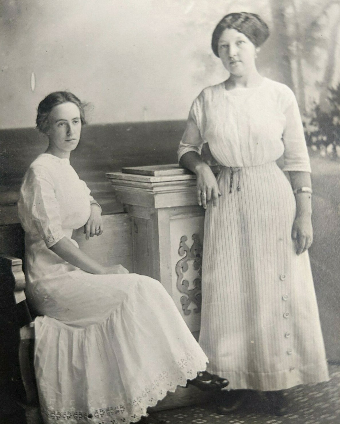 VTG Real Photo Postcard RPPC 2 Women in White Dress Pose for Photo 1906 - 1915