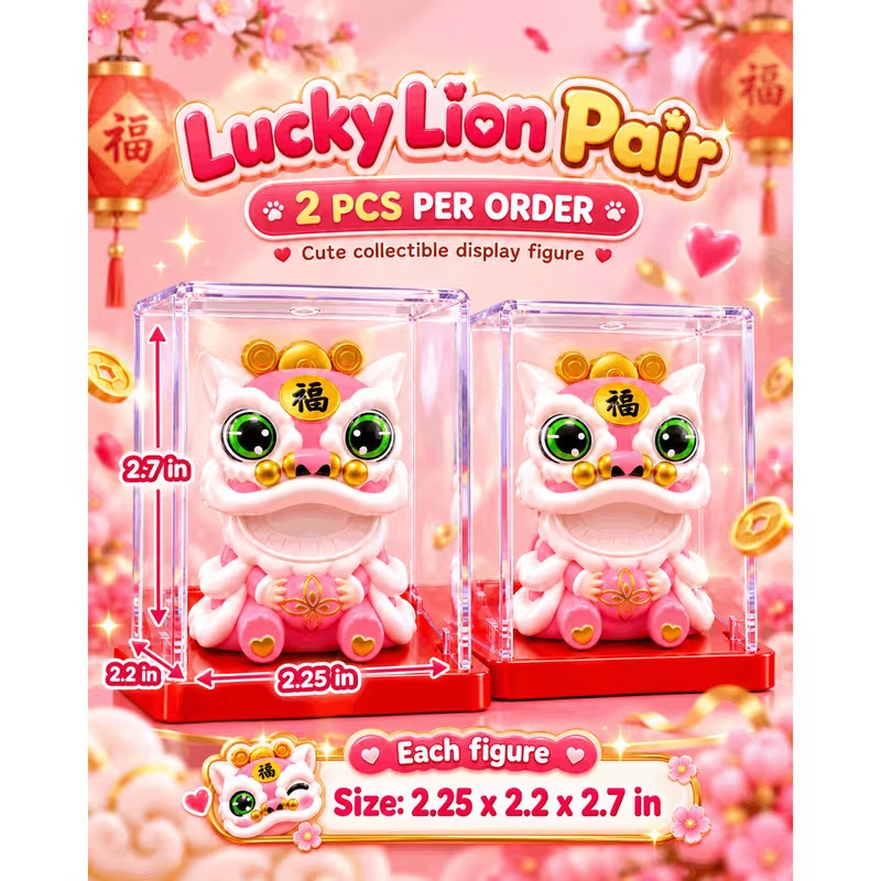Lucky Lion Pair Pink Chinese New Year Figurines Cute Collectible Decor Set of 2 Lucky Lion Pair Pink Chinese New Year Figurines Cute Collectible Decor Set of 2