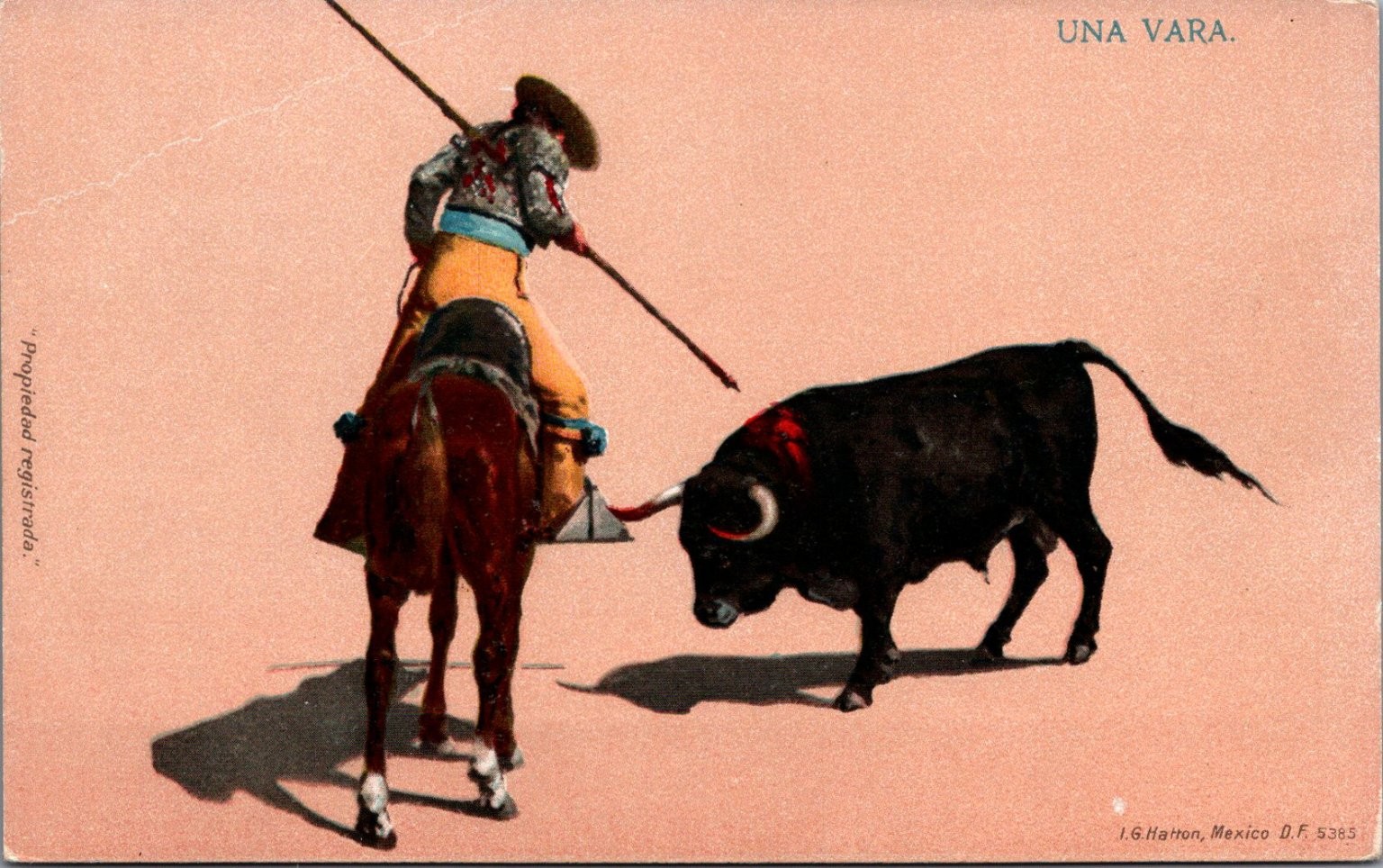 Vintage UNA VARA Bullfight Postcard I.G. Hatton Mexico D.F. Picador Bull Vintage UNA VARA Bullfight Postcard I.G. Hatton Mexico D.F. Picador Bull