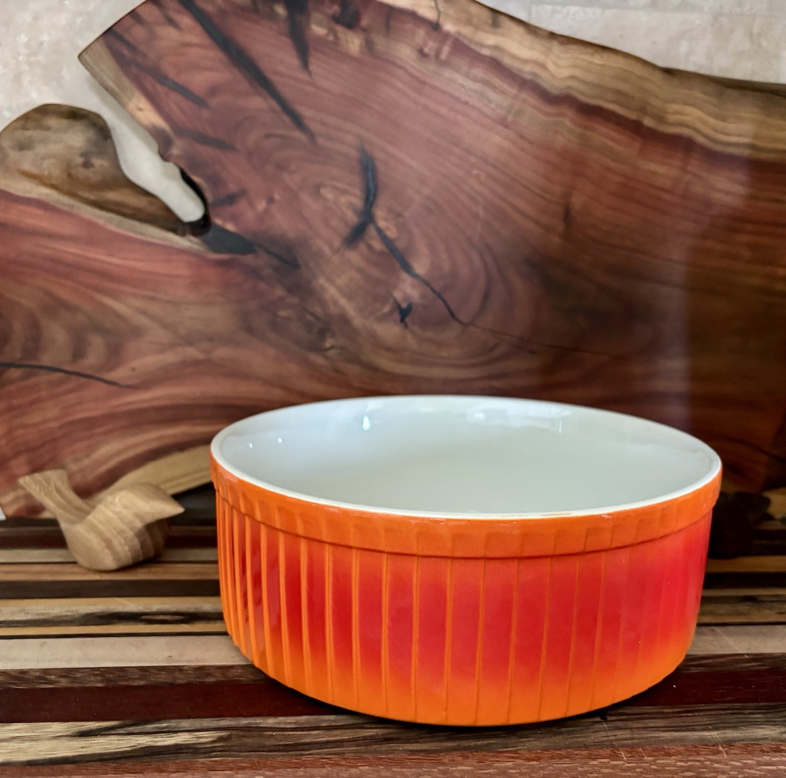 Lg VTG Hall Flameglo Burnt Orange Ombré Ovensafe Ribbed Souffle Casserole MCM