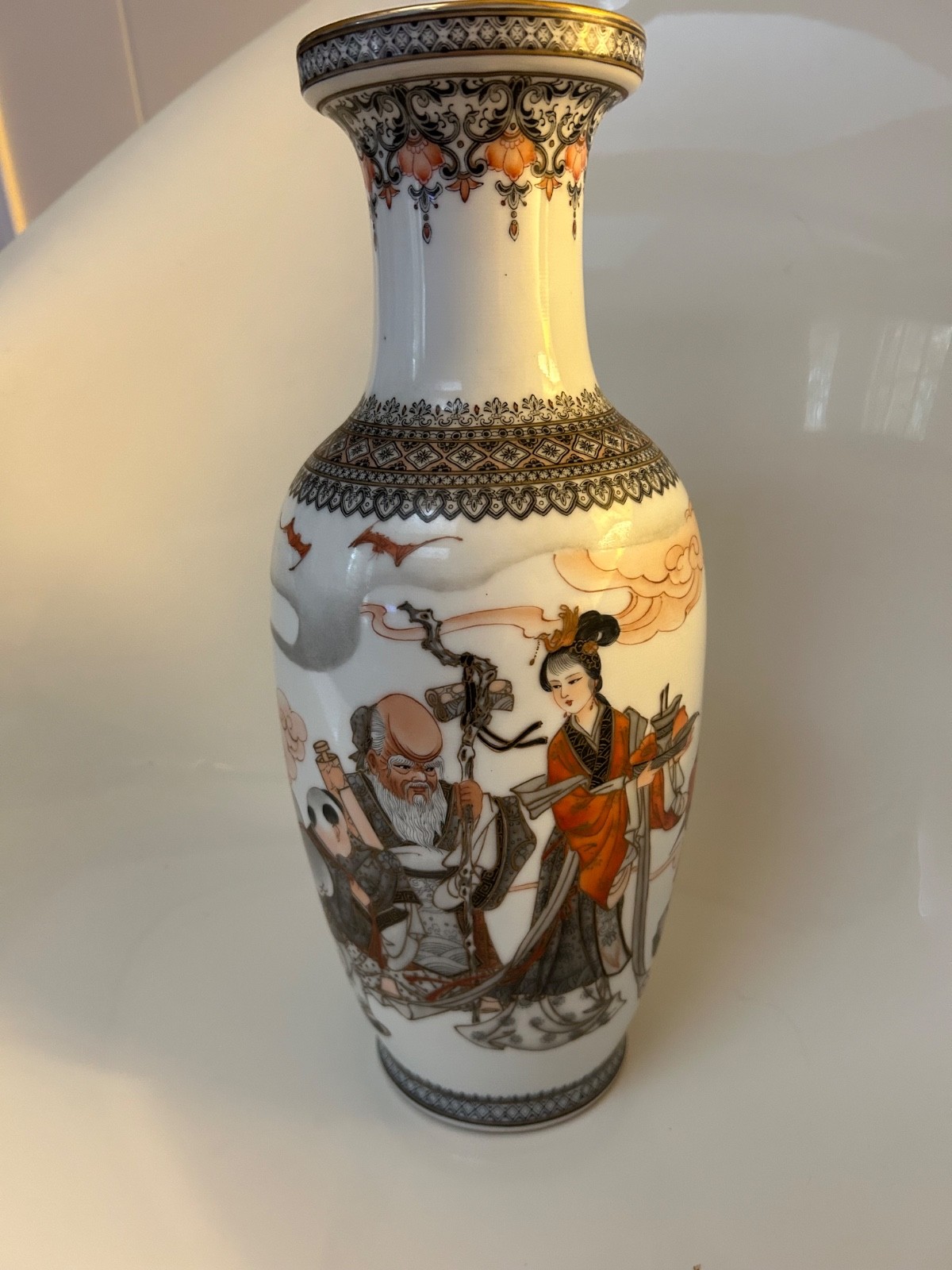 Vtg Chinese Eggshell Porcelain Vase 12” tall Mark Immortal Children Peach Dec.