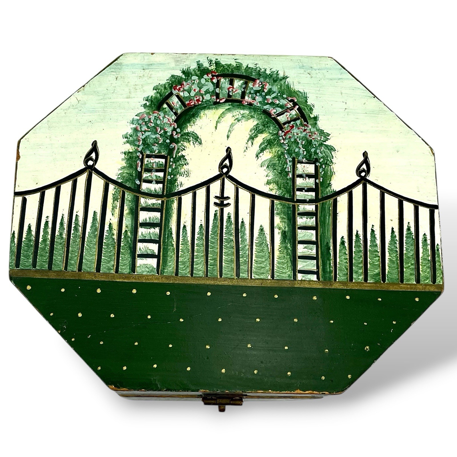 Vintage Hand Painted Garden Gate Wooden Octagonal Keepsake Trinket BOX Hinged