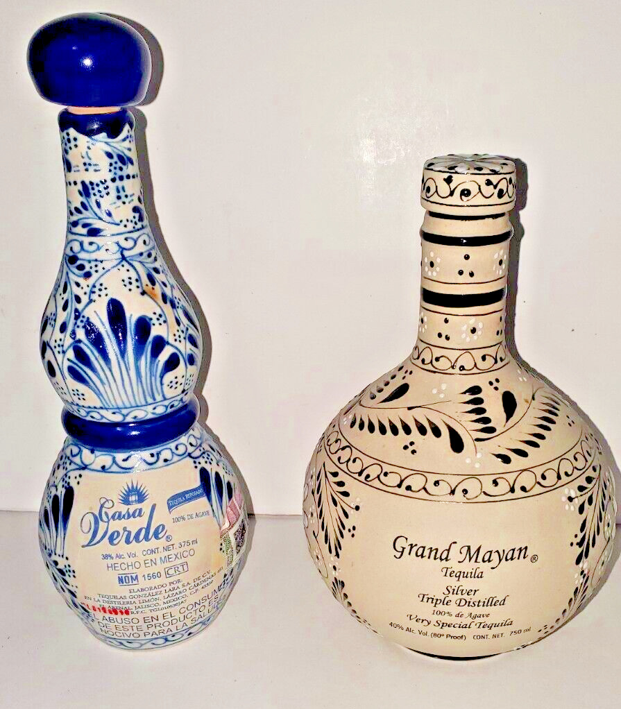 2 Pre Owned Empty Decorative Tequila Bottles Grand Mayan & Casa Verde
