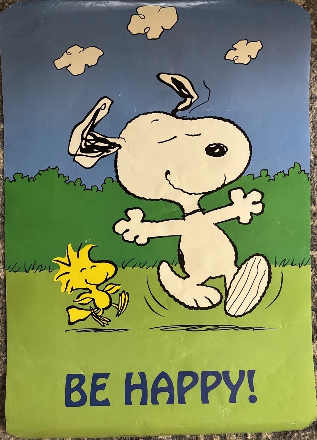 Vintage 1965 Snoopy Poster 22x32 Be Happy Peanuts Woodstock Snoopy