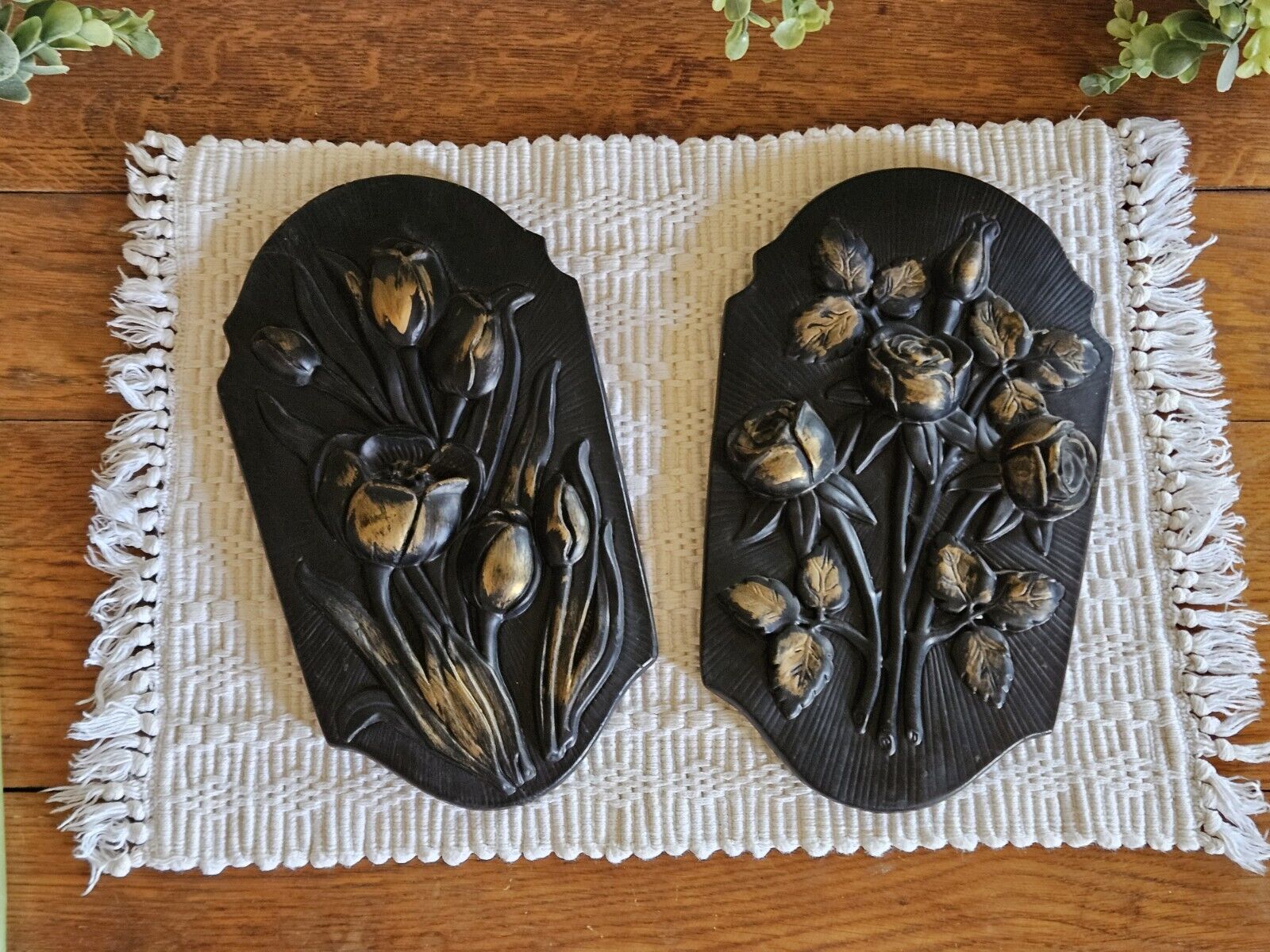 Set Of 2 Vintage Chalkware Black And Gold Flowers Wall Hangings