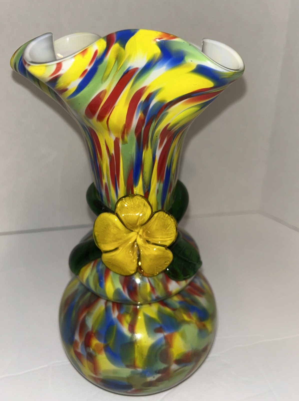 Vintage Millefiori Murano Italy Art Ruffled Vase 10” With Yellow Glass Flower.