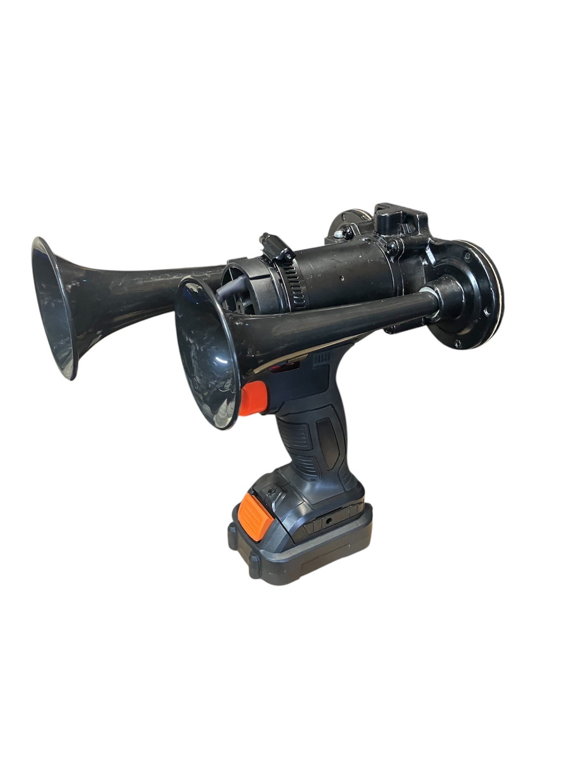 Dual Trumpet Air Horn Prop. Handheld. 12V Battery and Charger Included