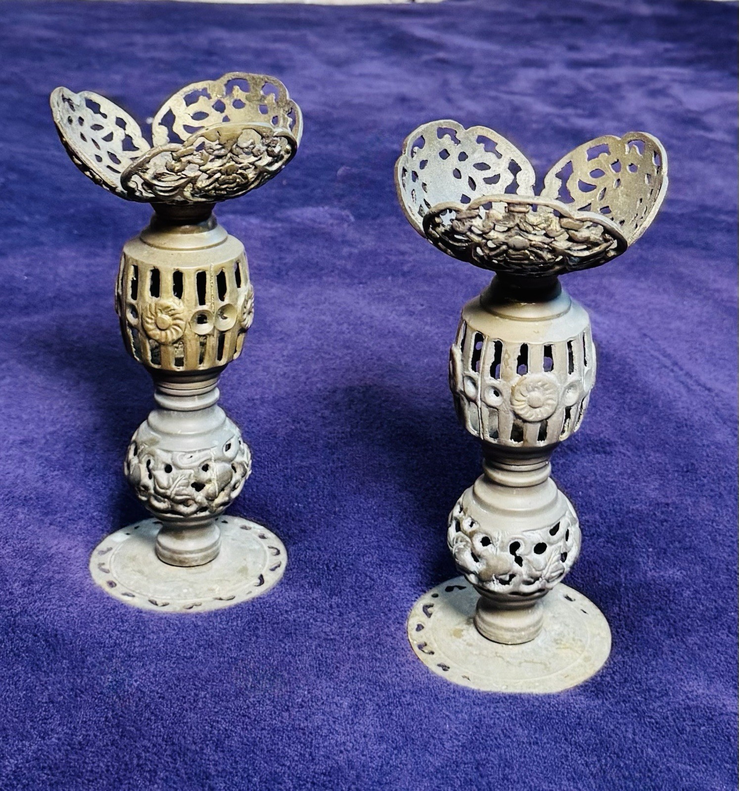 Vintage Pair 8” Solid Brass Ornate Pierced Candle Holders Filigree Floral