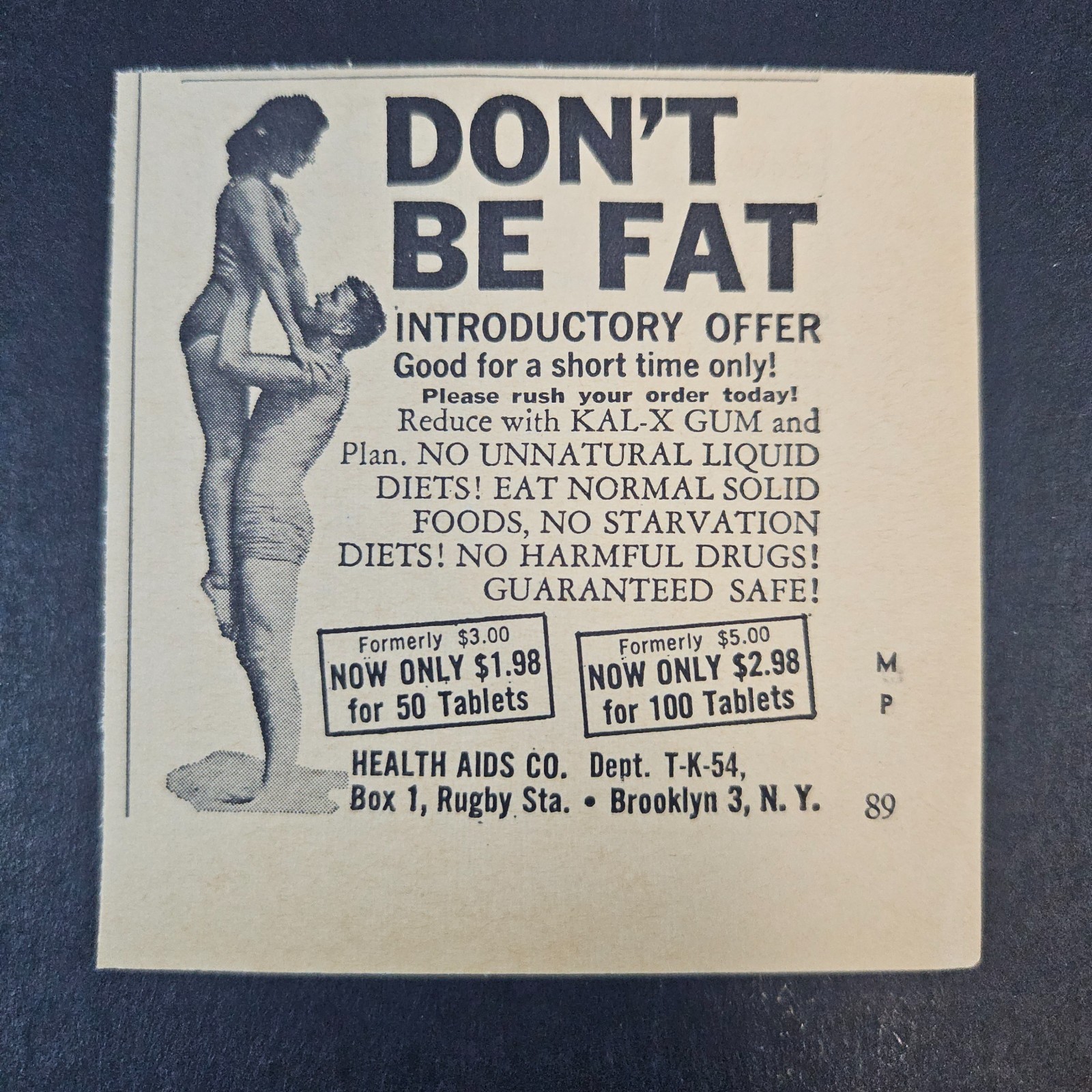 1964 Health Aids Co Don\'t Be Fat Kal-X Gum Vintage Print Ad Brooklyn NY Quack 1964 Health Aids Co Don\'t Be Fat Kal-X Gum Vintage Print Ad Brooklyn NY Quack