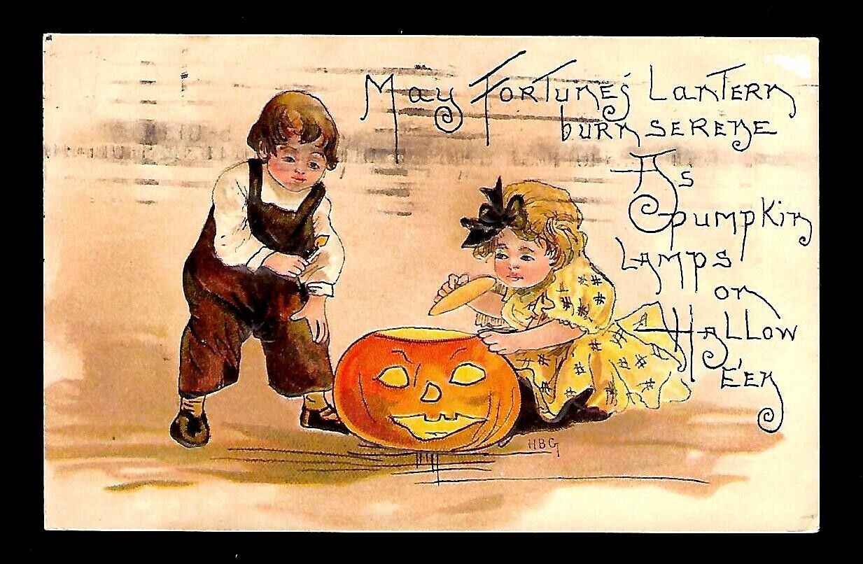 c1909 L.&E. Signed HGB Halloween Postcard Children Lighting Pumpkin