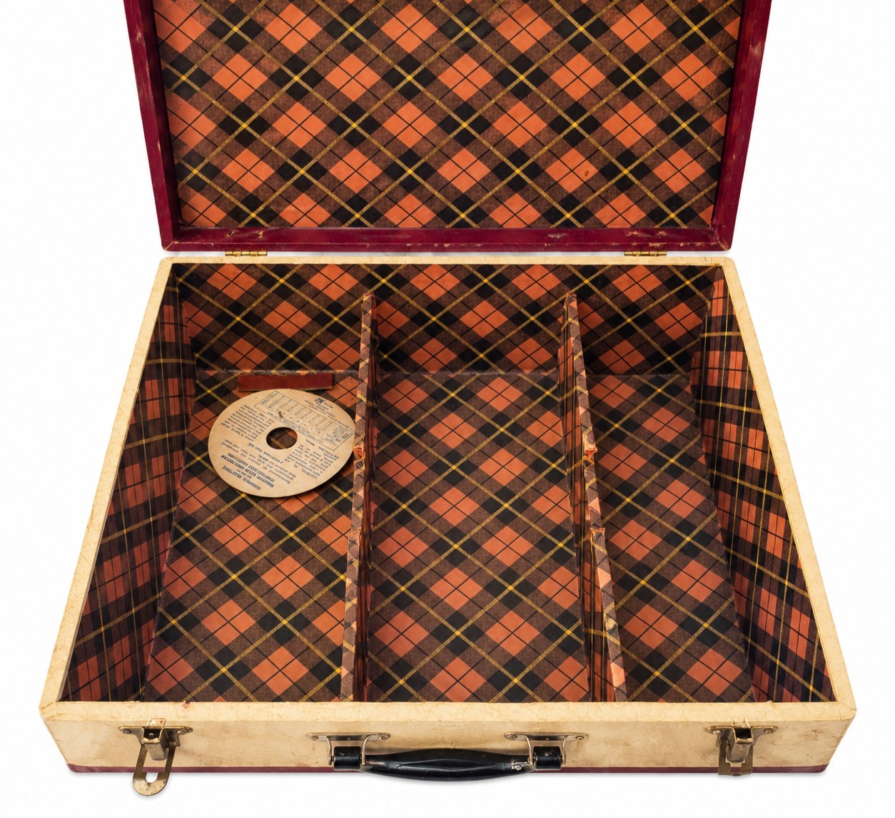 Vintage Mid-Century Audio Storage Carrying Case Burgundy Cream Plaid Interior