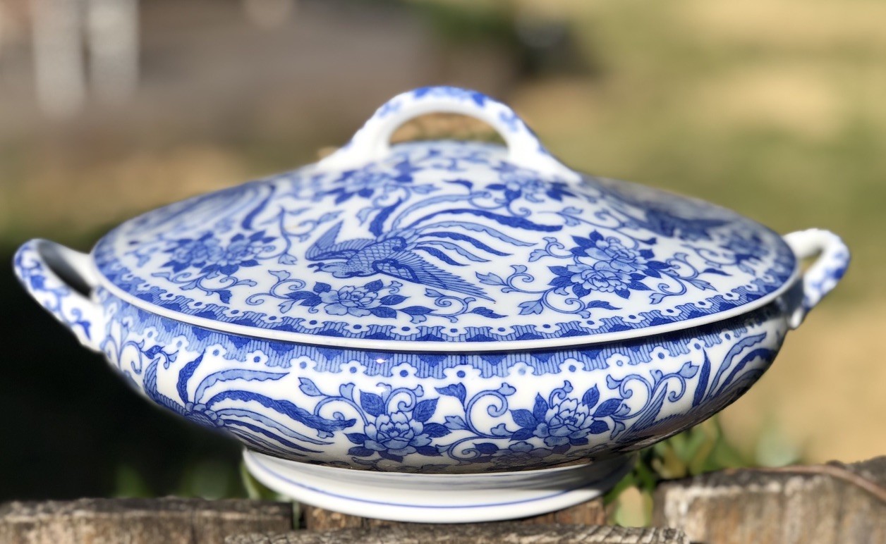 Vintage 2Pc set PHOENIX BIRD HOWO Tureen Blue White Flying Turkey Noritake Japan