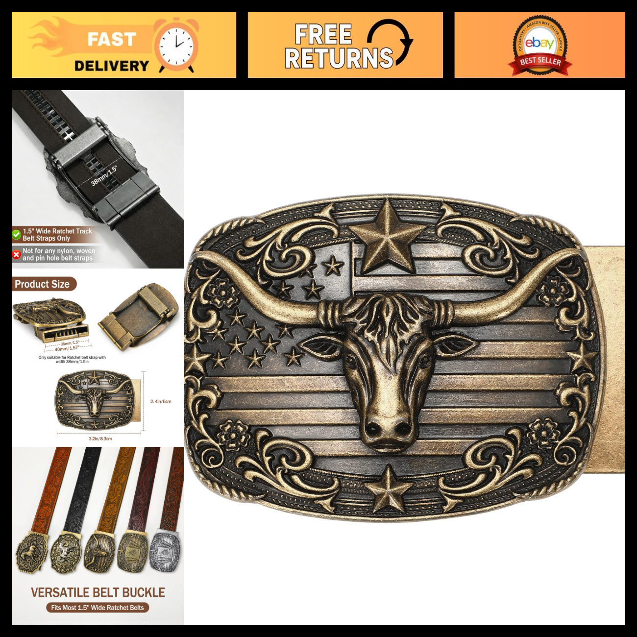Western Cowboy Ratchet Belt Buckle for Men & Women - Rodeo Style, Adjustable