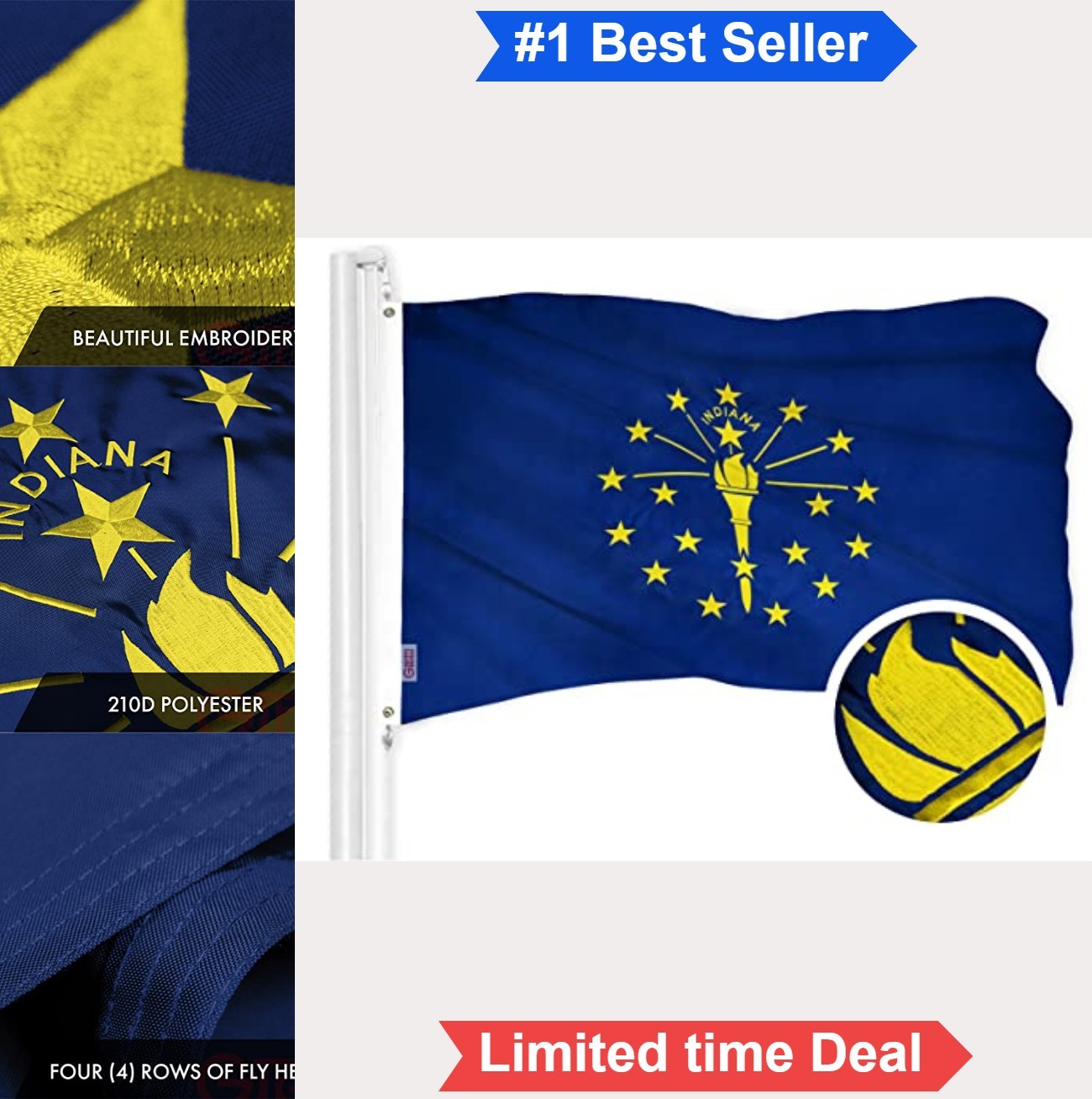 Indiana State Flag 2x3 Ft Embroidered 300D Polyester Heavy Duty Brass Grommets