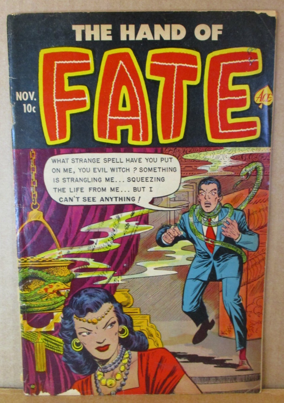 Hand of Fate 14 Witch Conjures Snake To Strangle 1952 Ace Scarce Horror Comic 🐍