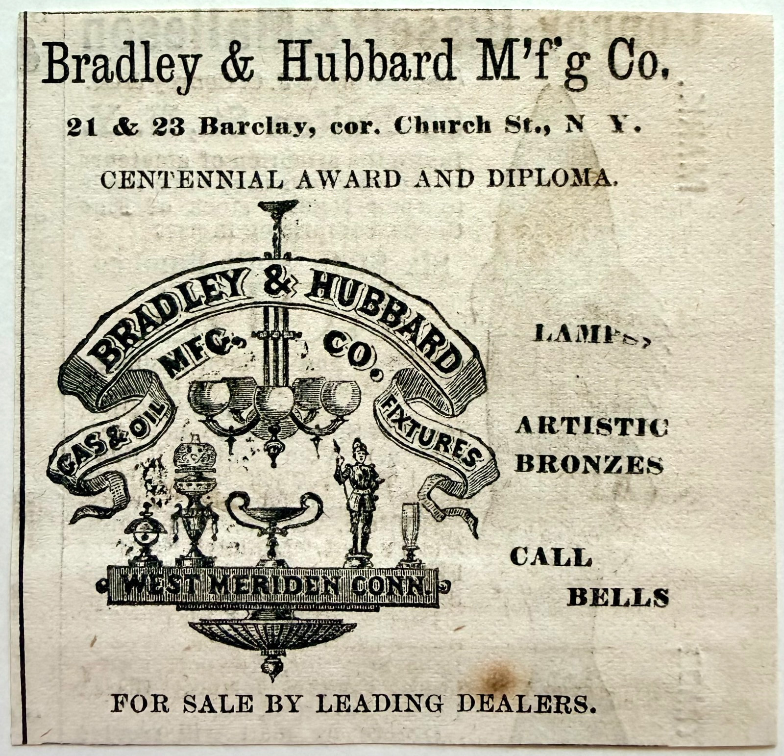 1877 Bradley & Hubbard Gas Oil Fixtures Advertisement Victorian Centennial Award
