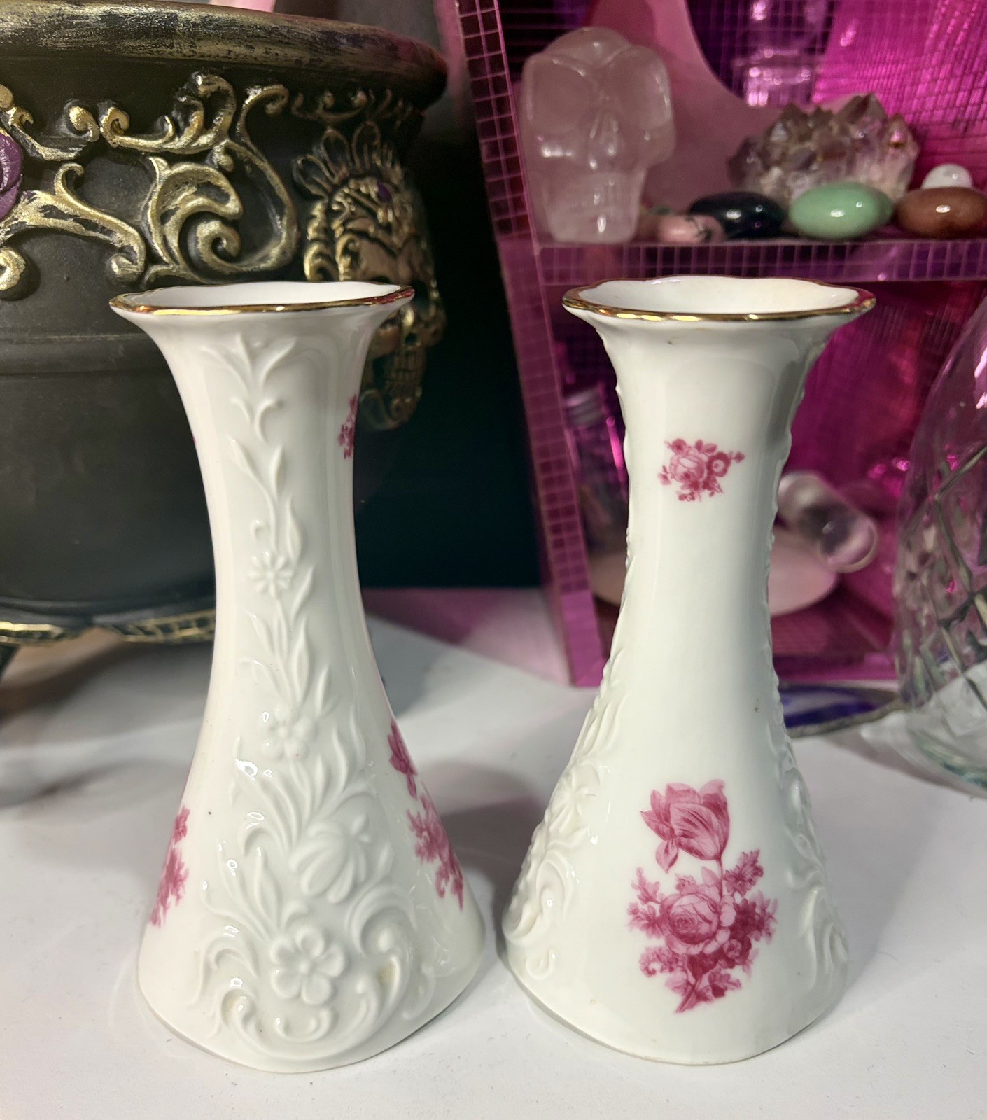 Vintage Heinrich And Co. White Porcelain Candle Sticks Gold Rim- 